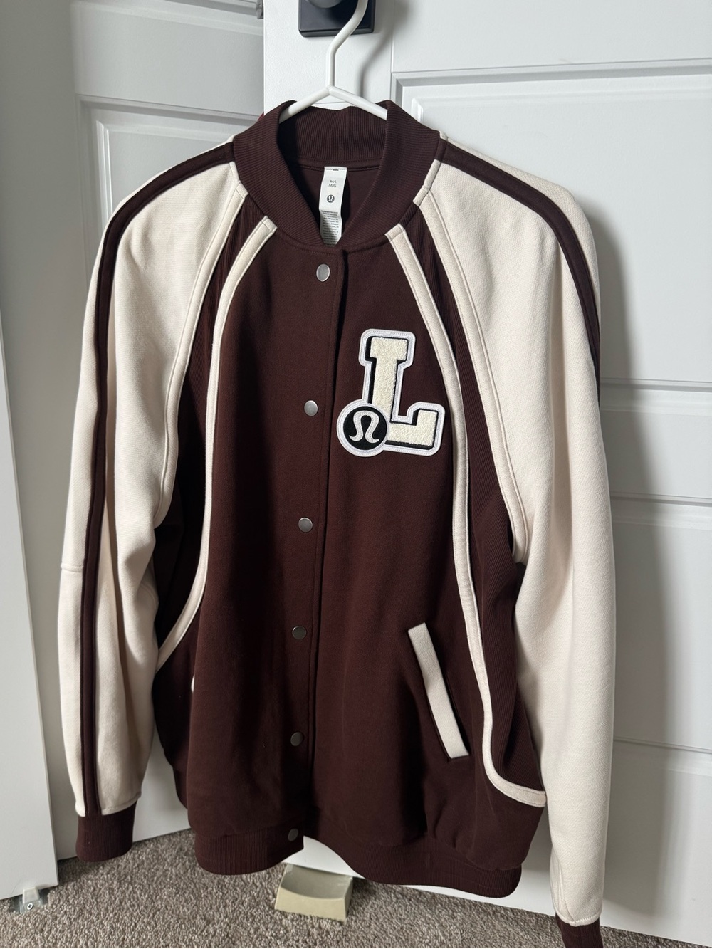 Lululemon Brown and Cream Varsity Jacket with Letter Patch